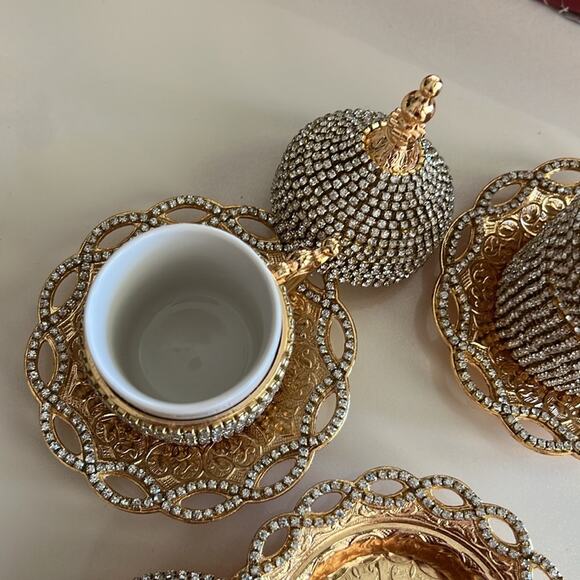 NWOT Rhinestone Adorned Set of 6 Fancy Coffee Cups with Saucers - Picture 7 of 11